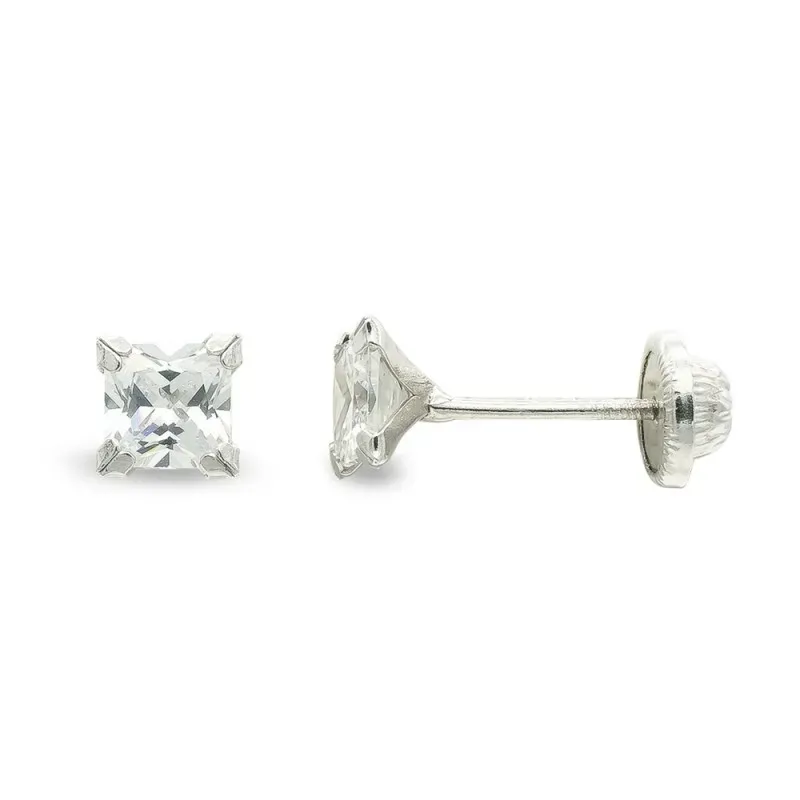 Pendientes oro blanco 9k niña 4 mm. circonita cuadrada garras tornill