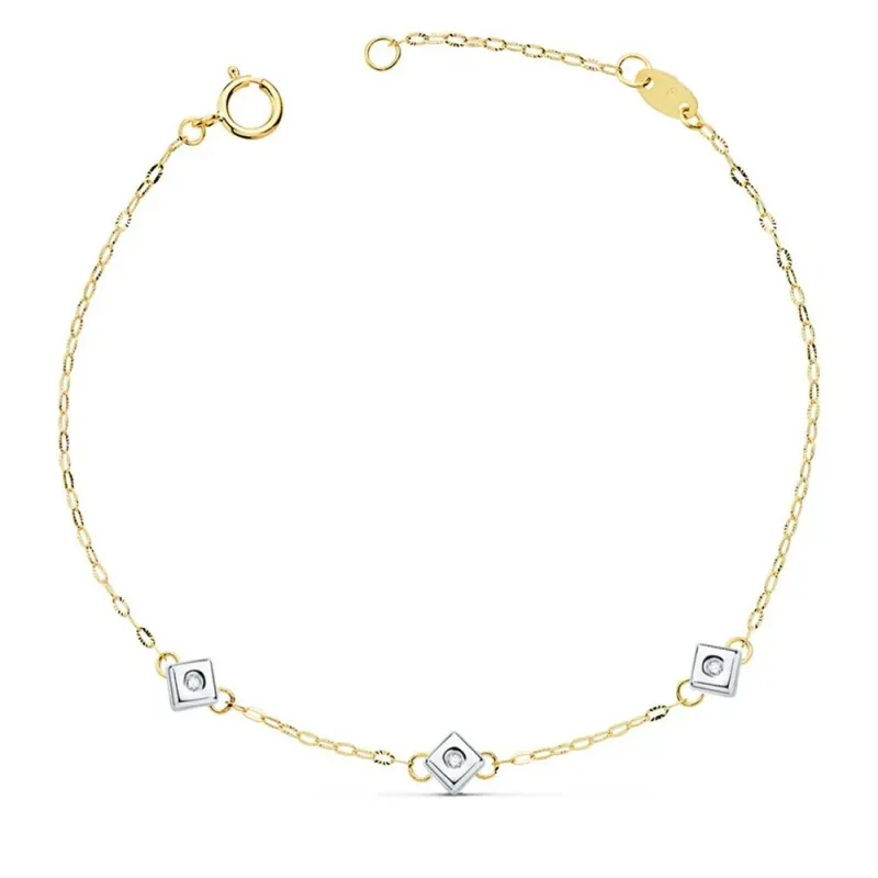 Pulsera oro bicolor 18k mujer 17 cm. chatón tres rombos diamantes 0.0