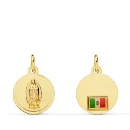 Virgen de Guadalupe Medalla Oro 18k unisex 16 mm. trasera bandera Méx