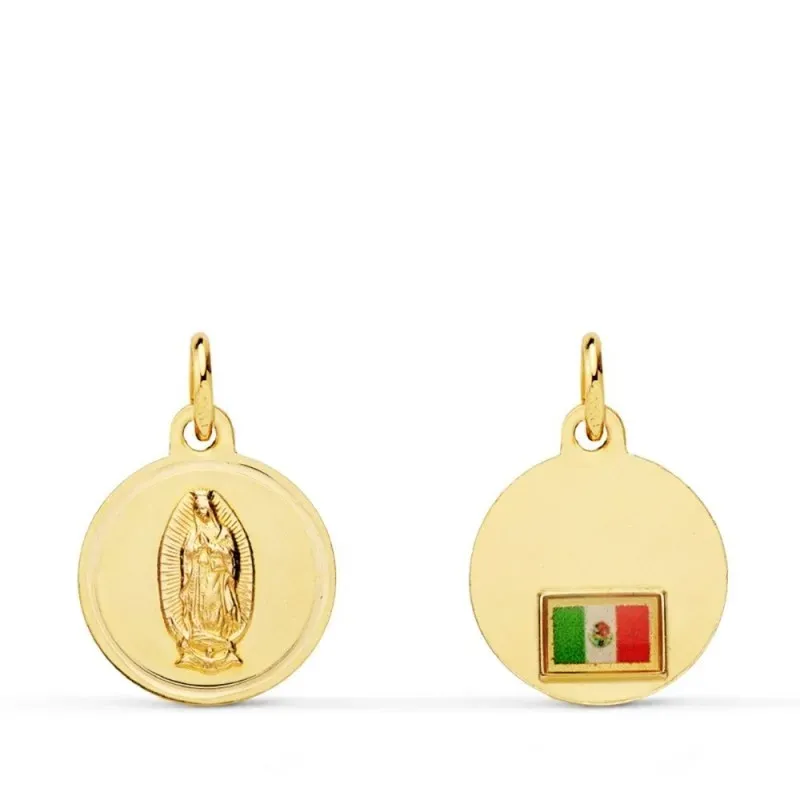 Virgen de Guadalupe Medalla Oro 18k unisex 16 mm. trasera bandera Méx