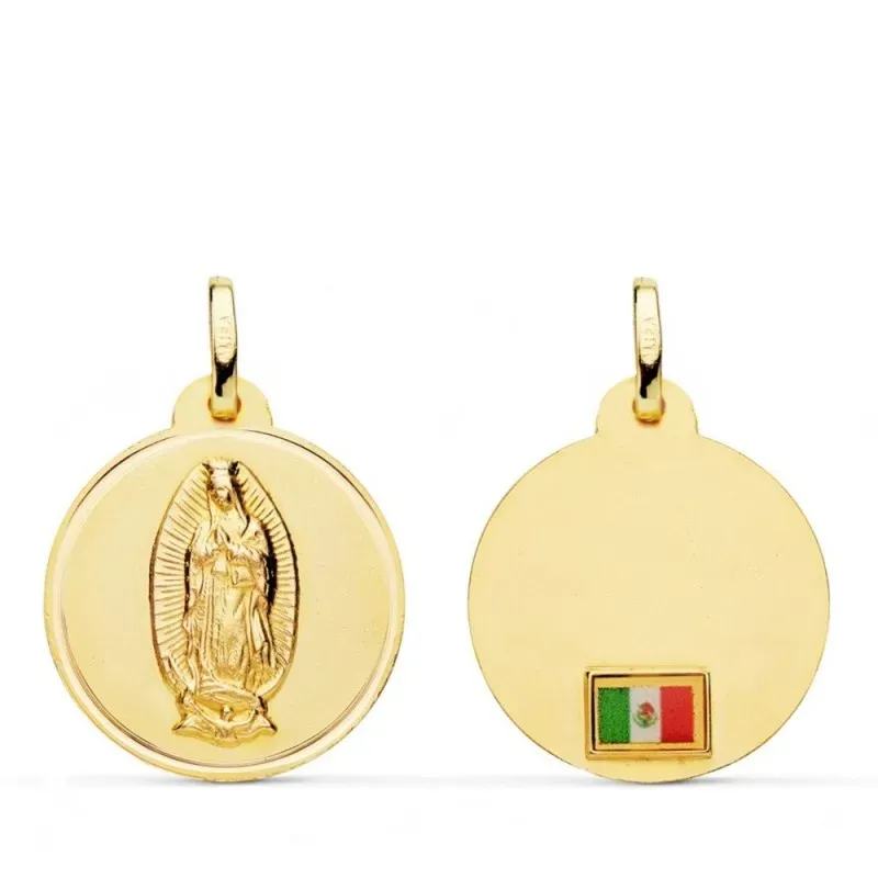 Virgen de Guadalupe Medalla Oro 18k unisex 20 mm. trasera bandera Méx
