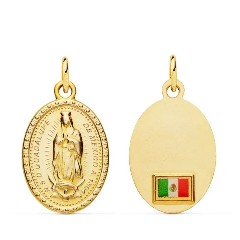 Virgen de Guadalupe Medalla Oro 18k unisex 20 mm. ovalada bandera Méx