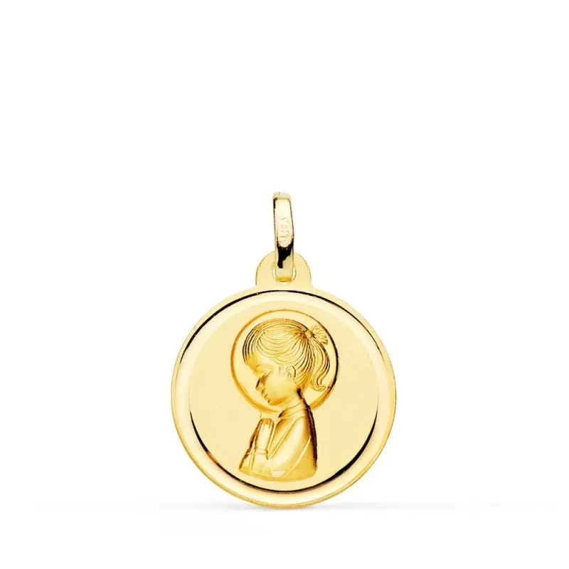 Virgen Niña Primera Comunión Medalla Oro 18k lisa 18 mm. bisel. Graba