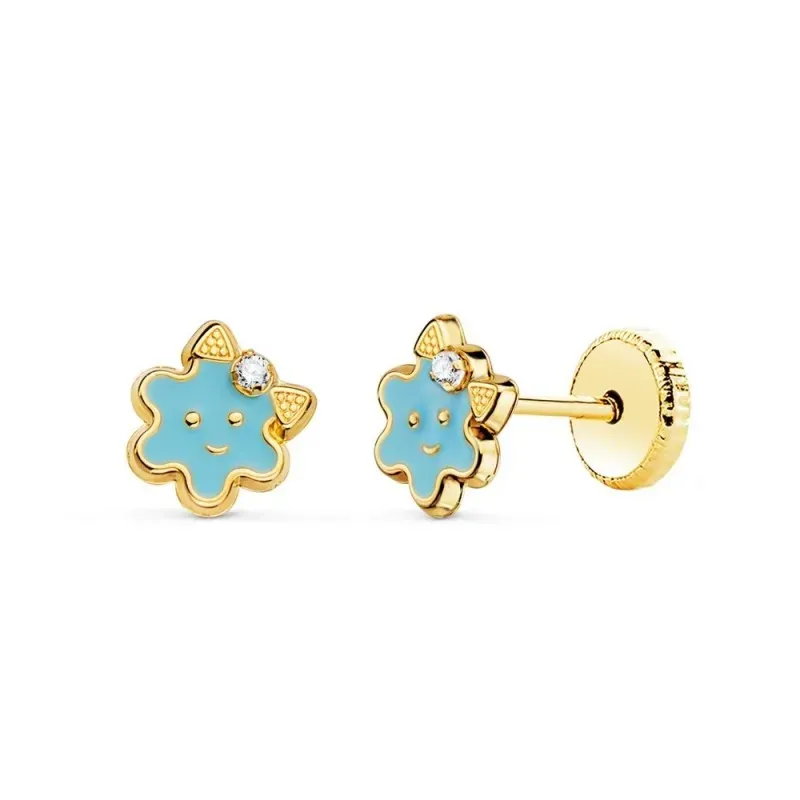 Pendientes Oro 18k niña 6.5 mm. forma flor esmaltada color azul detal