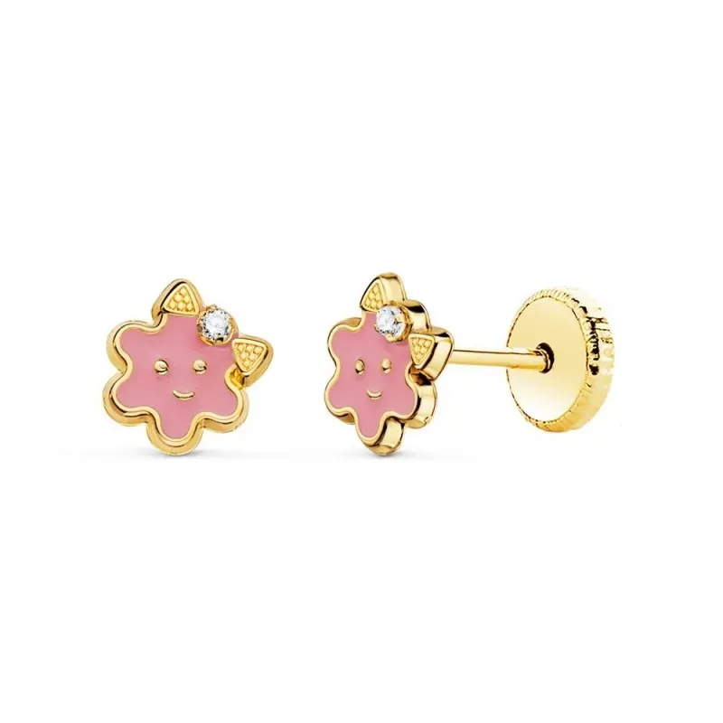 Pendientes Oro 18k niña 6.5 mm. forma flor esmaltada color rosa detal