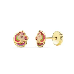 Pendientes Oro 18k niña 6 mm. forma unicornio detalle esmaltado color