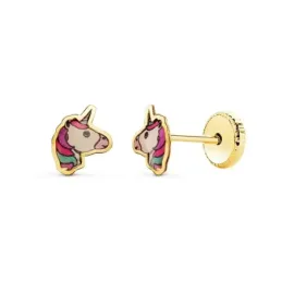 Pendientes Oro 18k niña 6 mm. forma unicornio dibujo esmaltado color