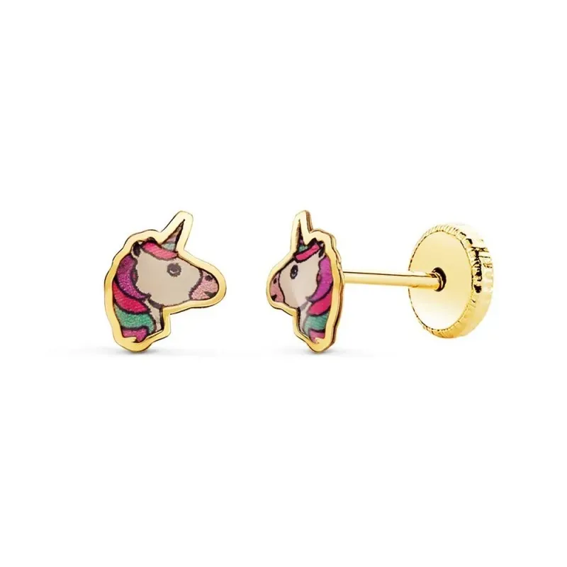 Pendientes Oro 18k niña 6 mm. forma unicornio dibujo esmaltado color