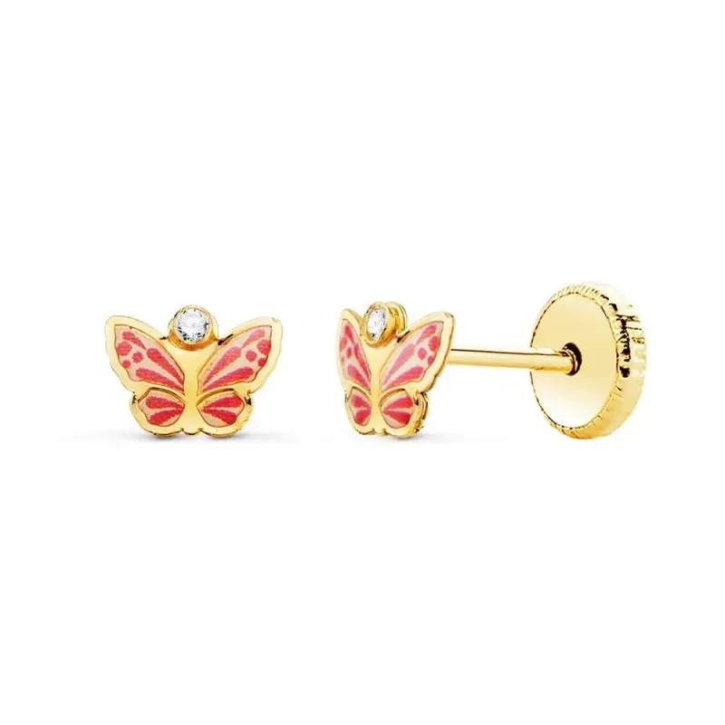 Pendientes Oro 18k niña 6 mm. mariposa esmaltada color cironita