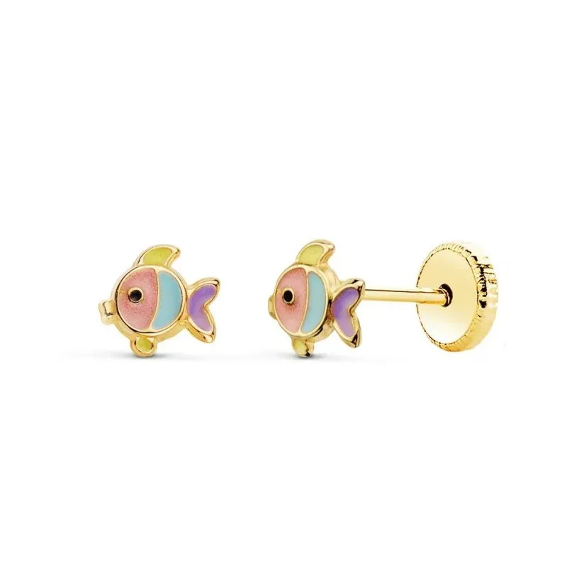 Pendientes Oro 18k niña 5.5 mm. forma pez esmaltado color