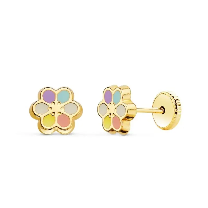 Pendientes Oro 18k niña 7 mm. forma flor esmaltada colores combinados