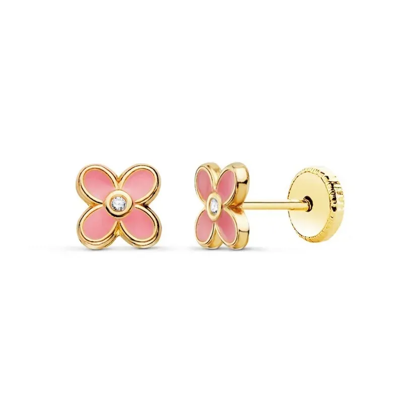 Pendientes Oro 18k niña 6 mm. forma trébol esmaltados rosa circonita