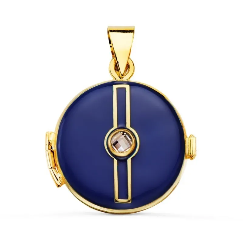 Guardapelo Colgante Oro 18k mujer 21 mm. esmaltado azul circonita cen