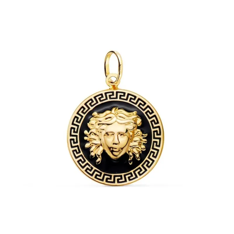 Colgante Oro 18k 20 mm. detalle medusa centro borde greca esmaltado n