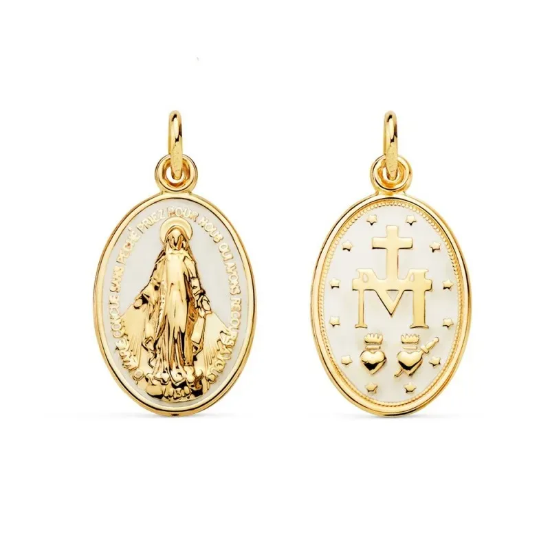 Virgen Milagrosa Medalla Oro 18k mujer 20 mm. esmaltada color blanco