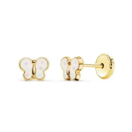Pendientes Oro 18k niña 6 mm. forma mariposa esmaltados color blanco
