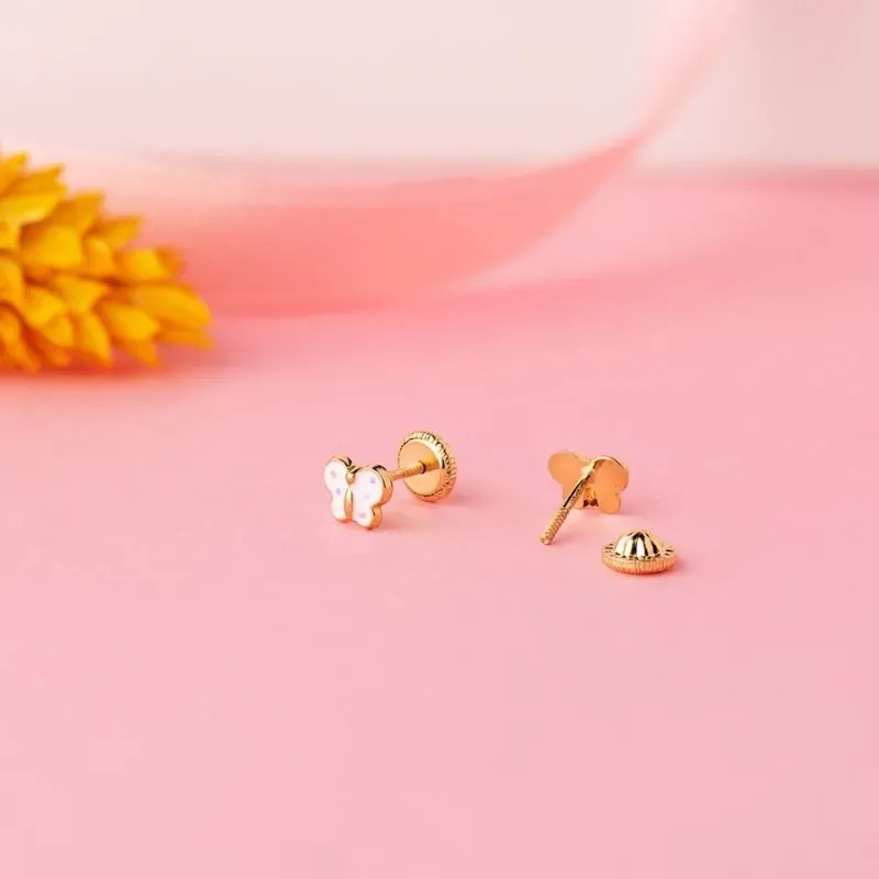 Pendientes Oro 18k niña 6 mm. forma mariposa esmaltados color blanco