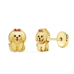 Pendientes Oro 18k niña 6 mm. forma perro detalles esmaltos color roj