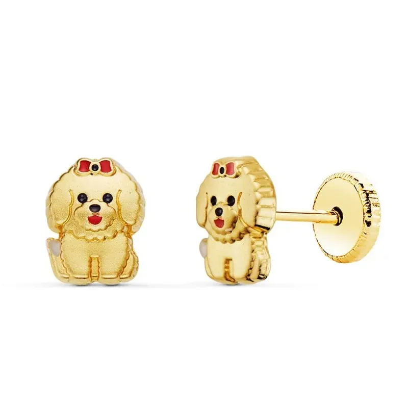 Pendientes Oro 18k niña 6 mm. forma perro detalles esmaltos color roj