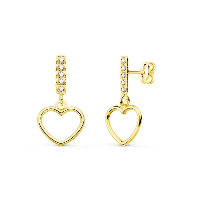 Pendientes Oro 18k mujer 17 mm. dos cuerpos barra circonitas corazón