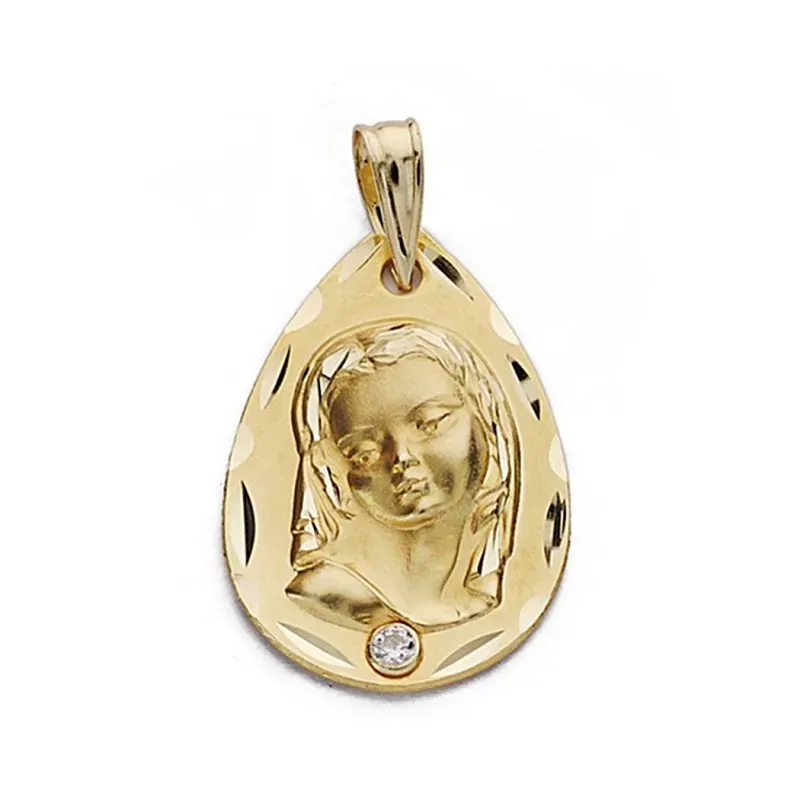 Medalla oro 18k Virgen Niña circonita lágrima [9062]