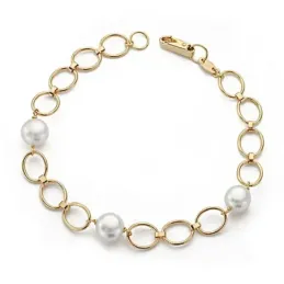 Pulsera oro 18k 18cm. perla comunión eslabón ovalado [9063]