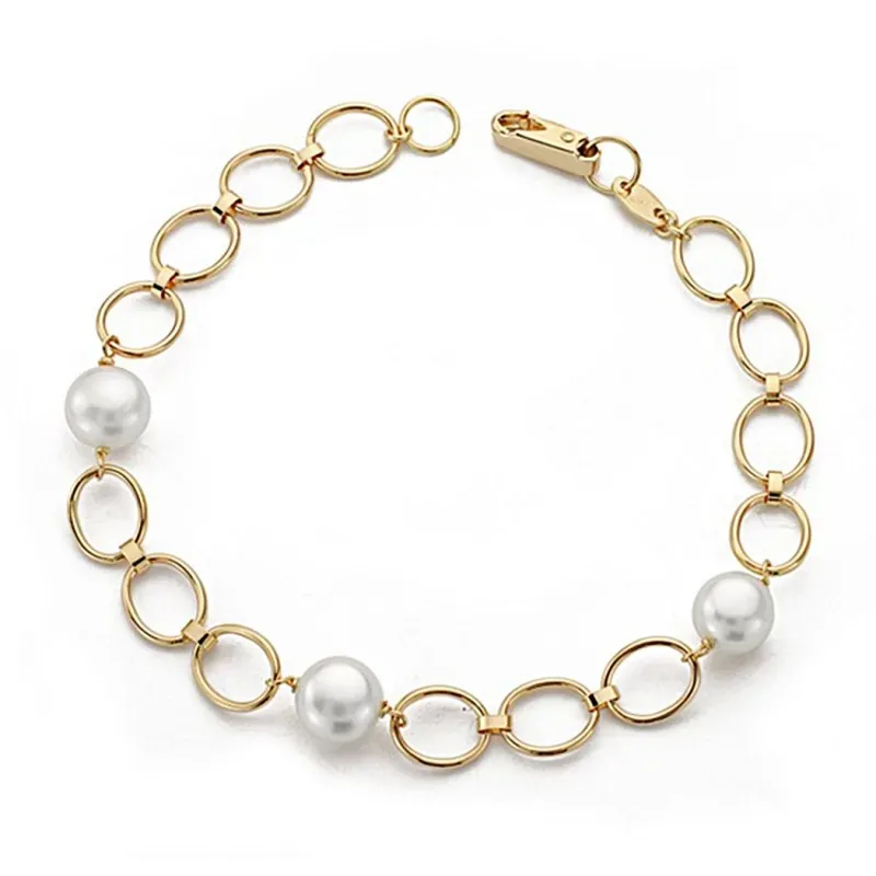 Pulsera oro 18k 18cm. perla comunión eslabón ovalado [9063]