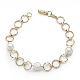 Pulsera oro 18k 18cm. perla comunión eslabón redondo [9064]