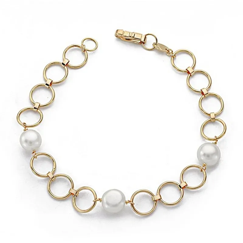 Pulsera oro 18k 18cm. perla comunión eslabón redondo [9064]