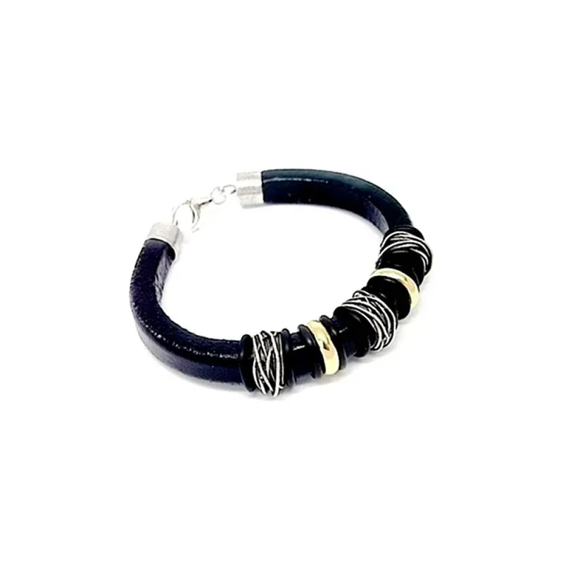 Pulsera plata ley 925m bicolor cuero caballero [AA9891]
