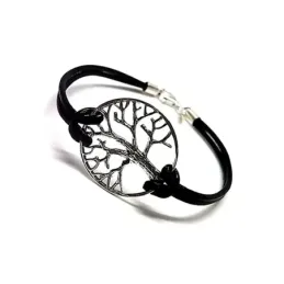 Pulsera plata ley 925m oxidada árbol de la vida liso cuero [AA9928]