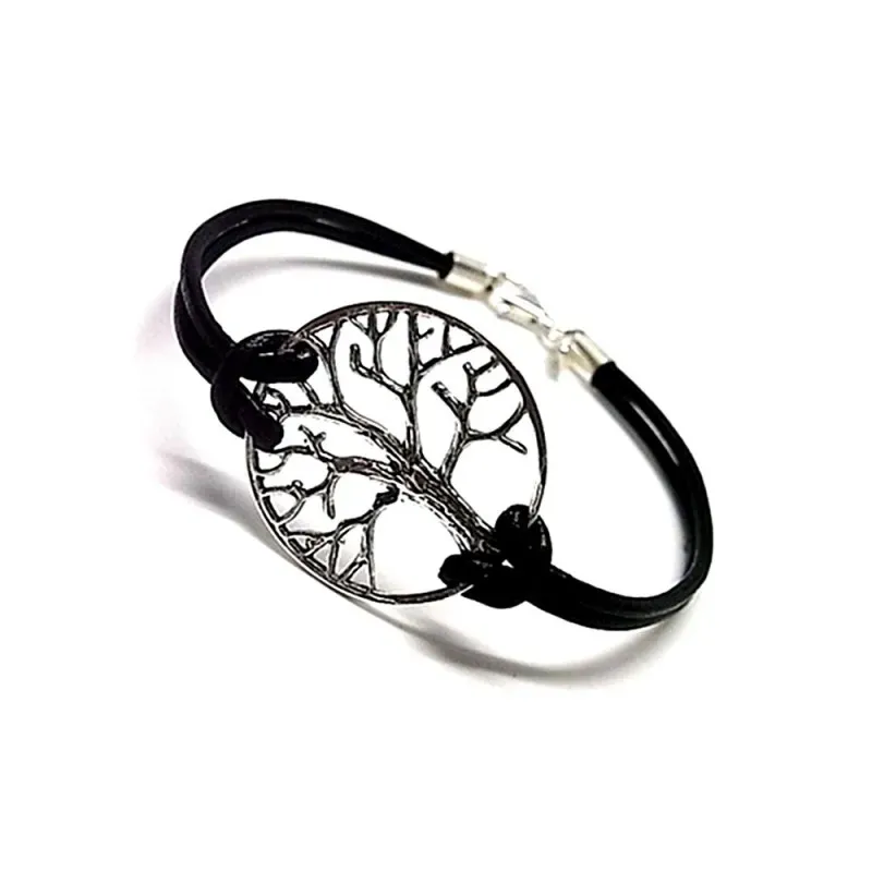Pulsera plata ley 925m oxidada árbol de la vida liso cuero [AA9928]