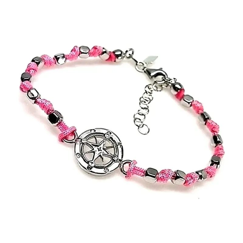 Pulsera plata ley 925m motivo brújula nudos color rosa [AA9944]