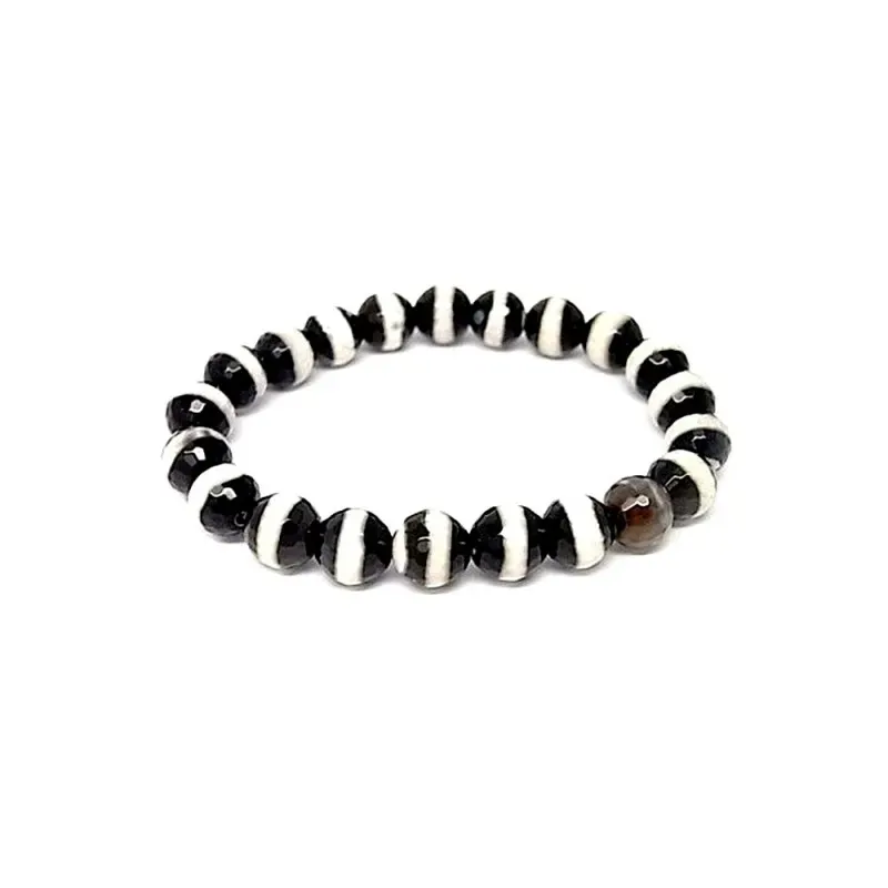 Pulsera plata ley 925m piedra cebra bolitas elástica  [AB0003]