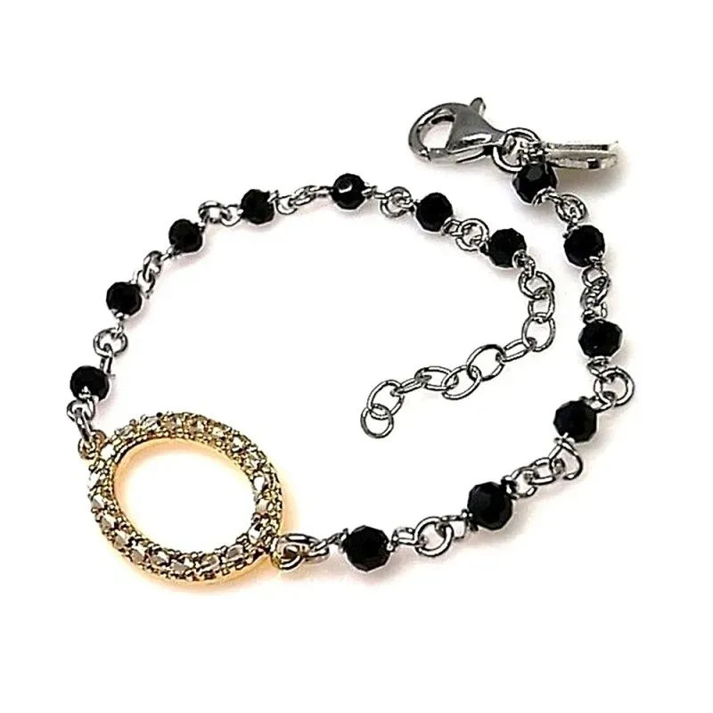 Pulsera plata ley 925m lisa bolitas 3mm. ónix bicolor [AB0007]