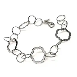 Pulsera plata ley 925m lisa eslabones circulares flor calada [AB0110]