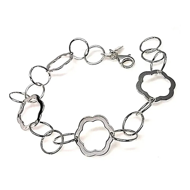 Pulsera plata ley 925m lisa eslabones circulares flor calada [AB0110]