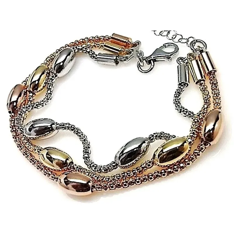 Pulsera plata ley 925m lisa coreana tricolor toneles [AB0125]