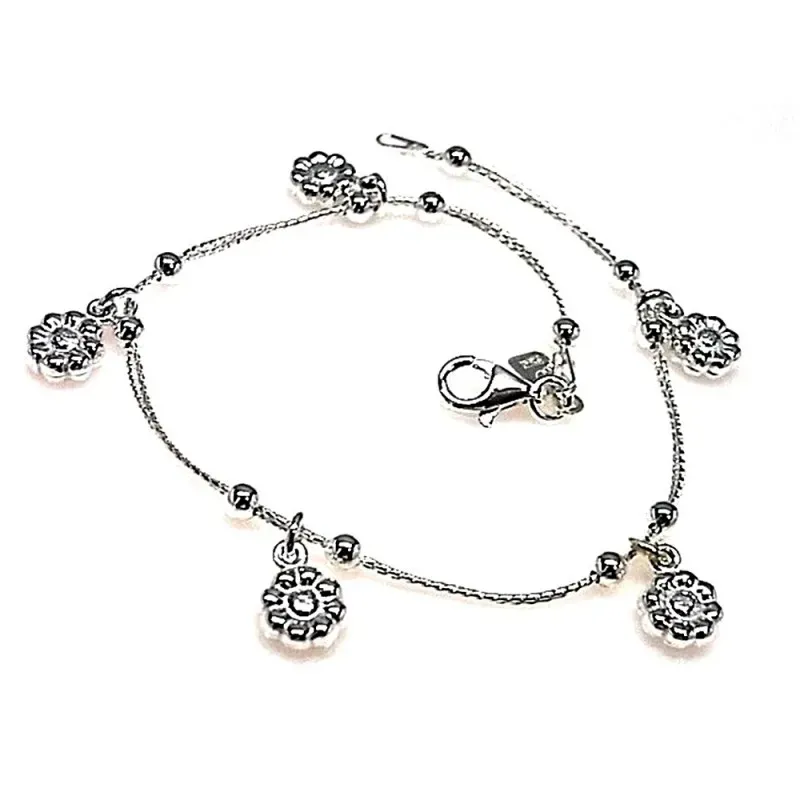 Pulsera plata ley 925m cadena flores colgando [AB0136]