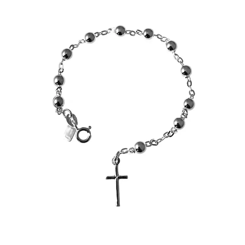 Pulsera plata ley 925m rosario bolitas 5mm. cruz 15mm. [AB0257]