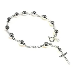 Pulsera plata ley 925m rosario bolitas 5mm. cruz 15mm. [AB0257]