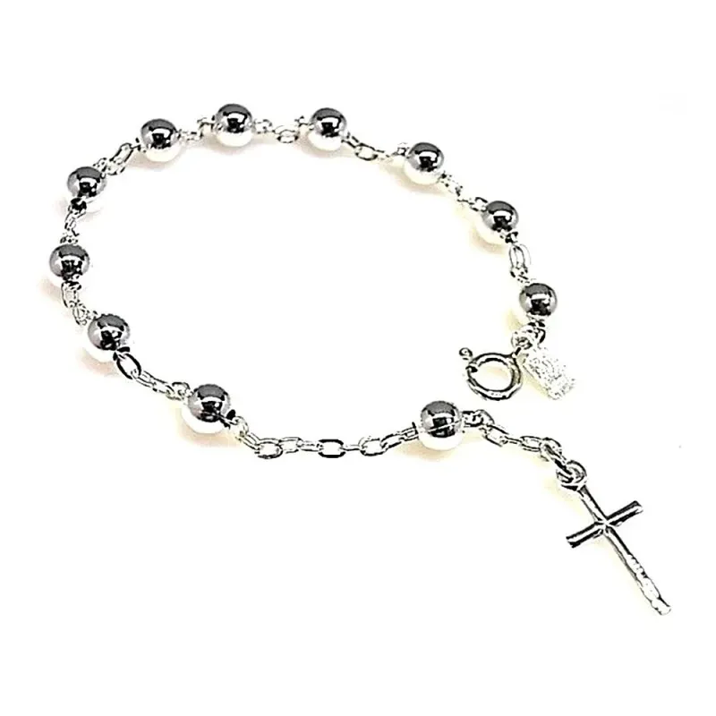Pulsera plata ley 925m rosario bolitas 5mm. cruz 15mm. [AB0257]