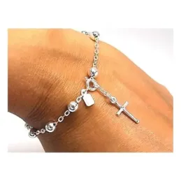 Pulsera plata ley 925m rosario bolitas 5mm. cruz 15mm. [AB0257]