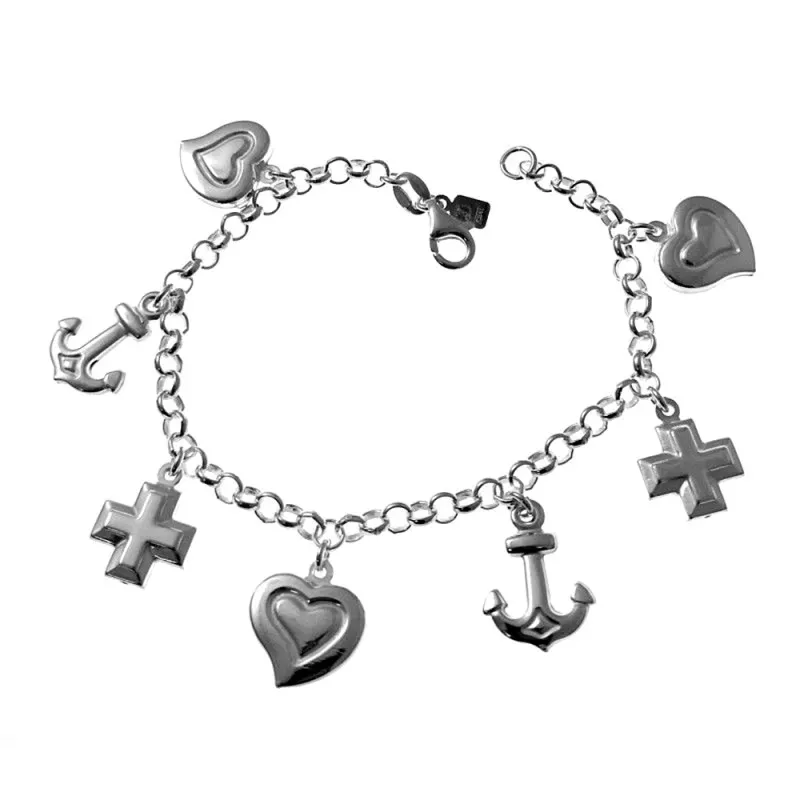 Pulsera plata ley 925m rolo fetiches corazón ancla cruz [AB0291]