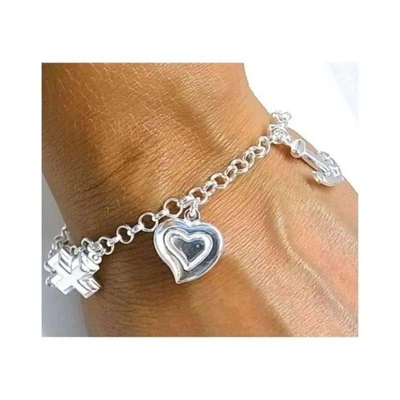 Pulsera plata ley 925m rolo fetiches corazón ancla cruz [AB0291]
