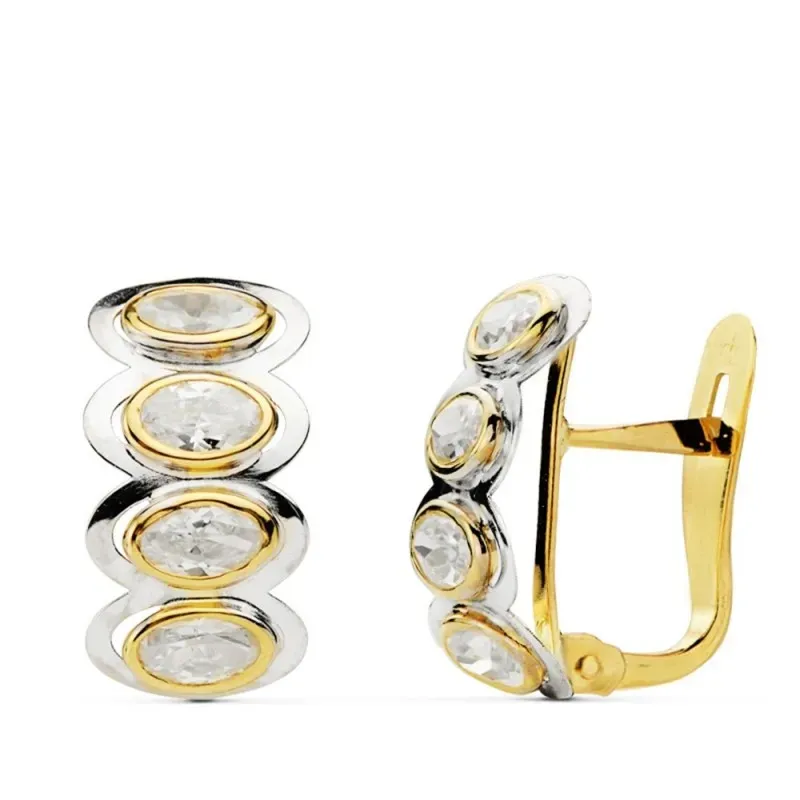 Pendientes oro 18k piedras oval bicolor 15mm. [AB0747]