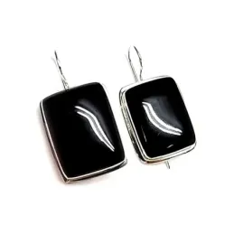 Pendientes plata ley 925m liso piedra negra cuadrado [AA8915]