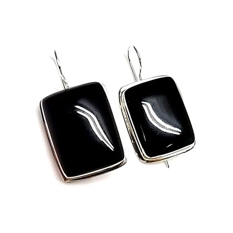 Pendientes plata ley 925m liso piedra negra cuadrado [AA8915]