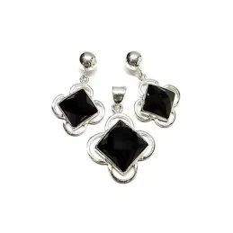Juego plata Ley 925m flor onix facetado cuadrado [AB0889]