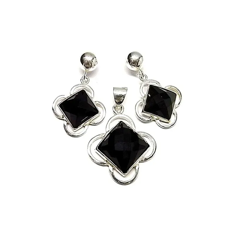 Juego plata Ley 925m flor onix facetado cuadrado [AB0889]
